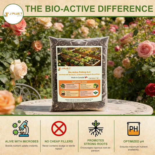 J PLUS T Bio-Active Potting Soil, 10L Bag | Living Organic Mix for Indoor Plants & Containers