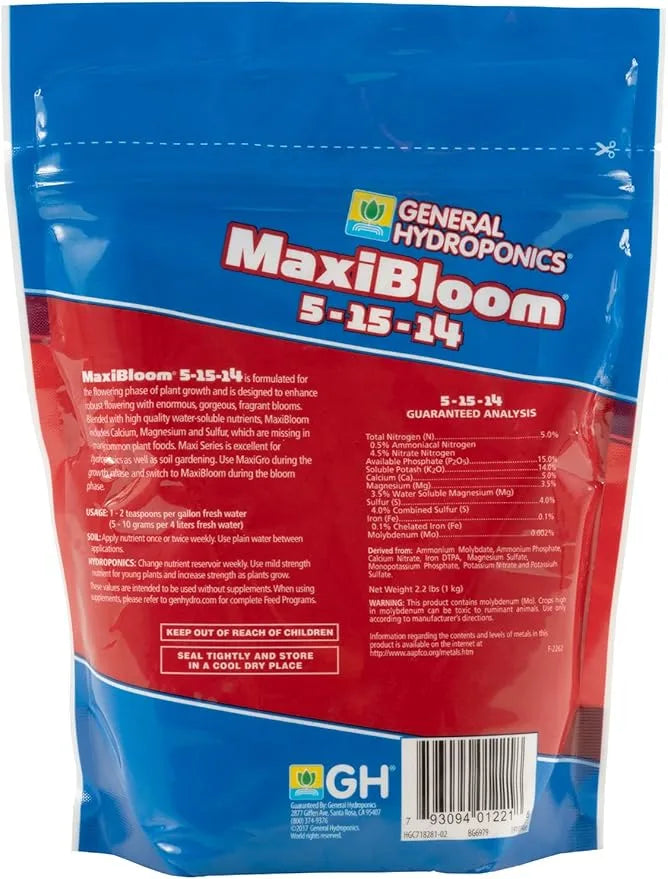 Hydroponic Fertilizer - General Hydroponics MaxiBloom, 2.2LB Water Soluble Nutrient for Heavy Blooms & Fruit Sets