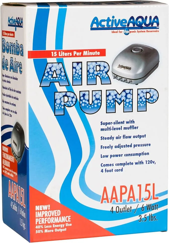 Air Pump - Hydrofarm Active Aqua 15-LPM, 6-Watt 4 Outlet | Heavy Duty Oxygen Pump for Hydroponics