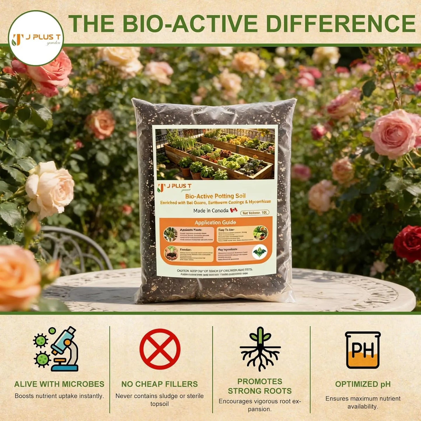 J PLUS T Bio-Active Potting Soil, 10L Bag | Living Organic Mix for Indoor Plants & Containers
