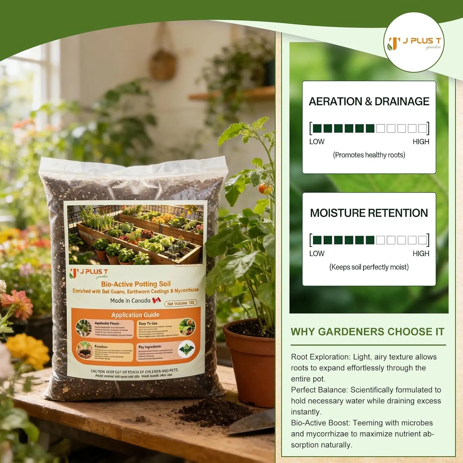 J PLUS T Bio-Active Potting Soil, 10L Bag | Living Organic Mix for Indoor Plants & Containers