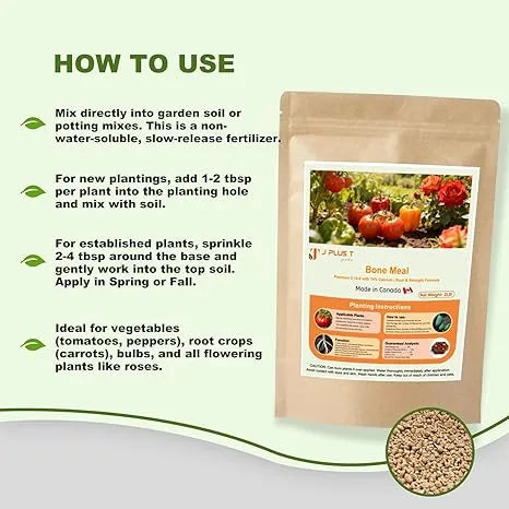 Bone meal application steps chart showing how to use J PLUS T Bone Meal 2-14-0 for new and established plants