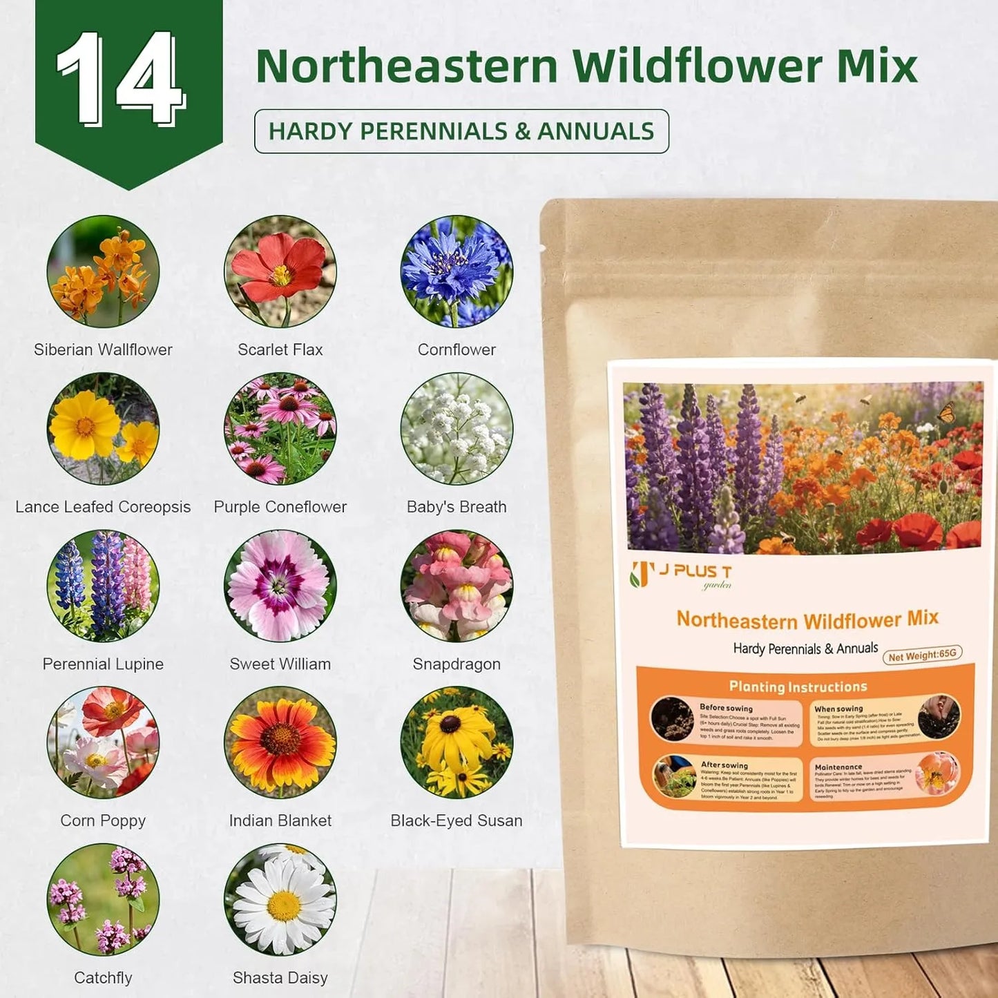 Wildflower Seed Mix - J PLUS T Northeastern Blend, 130g | Climate Adapted Pollinator Seeds