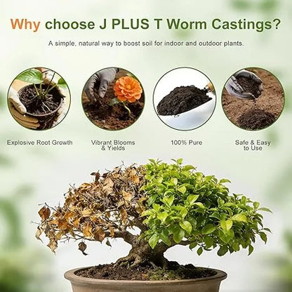 Worm Castings - J PLUS T Premium Organic Vermicompost, 5LB Natural Fertilizer for Indoor Plants & Vegetables